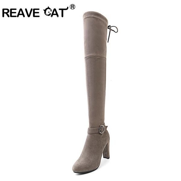 

reave cat womens micro suede thigh high boots female spike heel stretch over the knee boots for woman bota plus size 34-43 b889a, Black