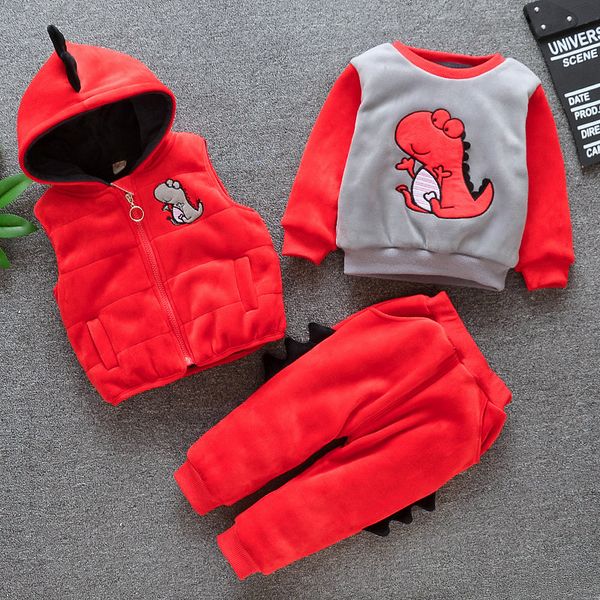 

baby boy clothes children winter plus velvet thick hooded sweater set three-piece cartoon dinosaur vest warm girl baby suit, White