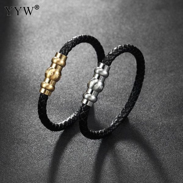 

yyw 6mm round genuine leather bracelets men luxury stainless steel leather bracelet bangles for male female bracelets pulseira, Golden;silver