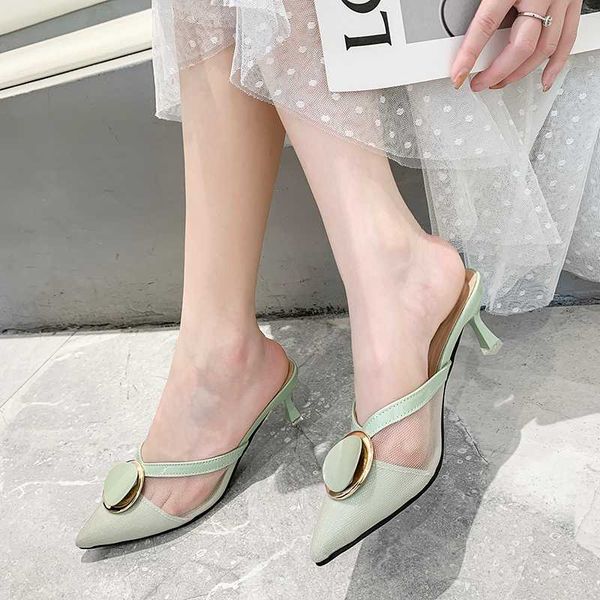 

wearing slippers female 2020 summer new fashion wild metal buckle baotou sandals fine heel shallow mouth single shoes z929, Black