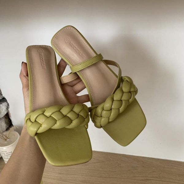 

woman sandals shoes women leather slides high heels ladies shoes party sandals summer weave square toe slippers sexy, Black