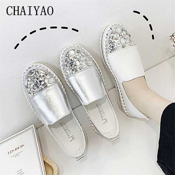 

loafers women's shoes 2020 new rhinestone breathable platform female shoes fashion pu leather light slip-on flats women's, Black