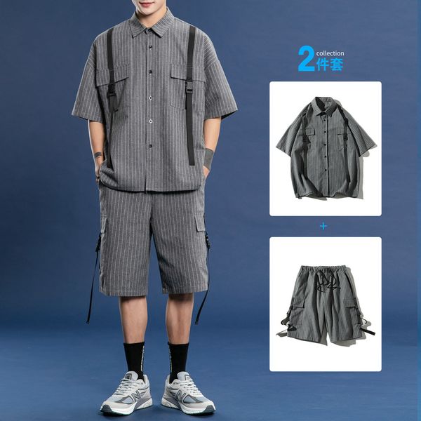 

Januarysnow 2020 Men's Tracksuits Summer Cotton Stripe Short Sleeve Shirt+Shorts Sport Suit 2 Piece Male Hip Hop High Street Joggers Sets