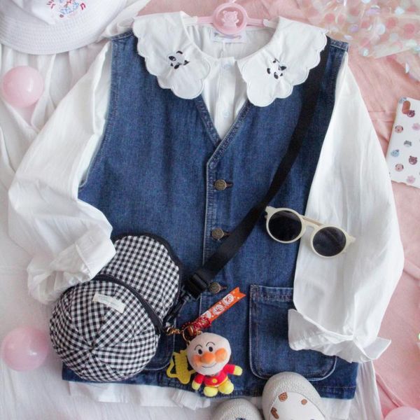 

women's vests spring autumn women denim classic blue vintage korean v-neck kawaii girl loose japanese harajuku wild vest forwoman, Black;white