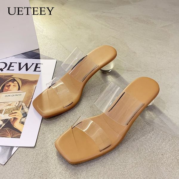 

ueteey new 2020 pvc sandals crystal open toed round heels crystal women transparent heel sandals slippers pumps party 4.5, Black