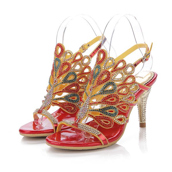 

summer red large size peacock pattern stiletto sandals ethnic style sandals rhinestone buckle open toe high heels 8, Black