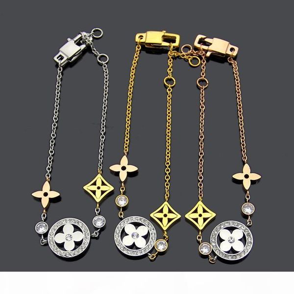 

new arrive fashion lady titanium steel diamond 18k plated gold bracelet with hollow out three color four leaf flower pendants, Black