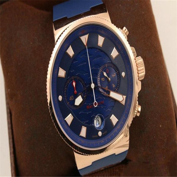 

new arrival quartz chronograph wristwatch rose gold bezel &skeleton phantom blue dial blue rubber belt original folding clasp, Slivery;brown