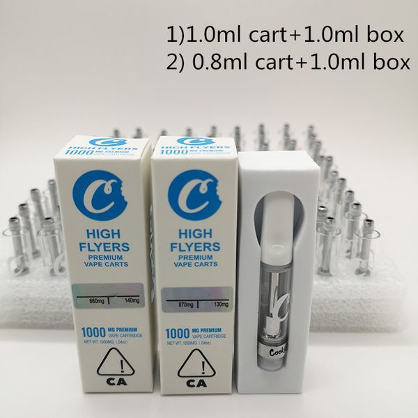 

Печенье Тележки High Flyers Vape Картриджи Упаковка 1мл 0,8 мл Стеклянный бак Слейте Vape Ручка тележки керамический Coil 510 картридж