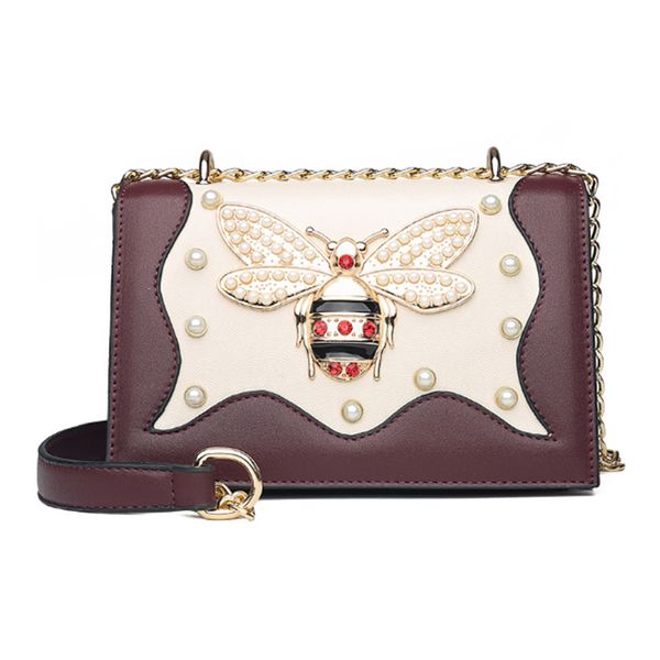

elegant white peal bee women red leather handbag fashion ladies chain shoulder purse female small messenger leather handbags