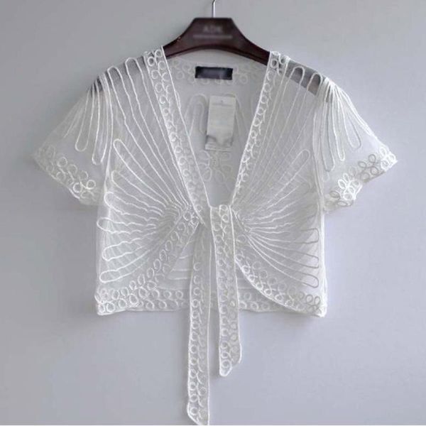 

black white crop jacket shrug wedding party bolero veste femme tie up hollow out lace boleros short sleeve jackets female coats, Black;brown