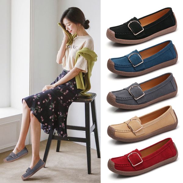

cow suede women flats nubuck woman's loafers buckle bowknot leather casual shoes ladies footwear lightweight plus size 35-42, Black