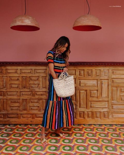 

print dresses crew neck short sleeve fashion clothing casual apparel women summer bohemian dress rainbow striped, White;black