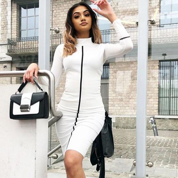 

striped long sleeve skinny women dress summer knee length ladies clothing stand neck slim womens dresses, Black;gray