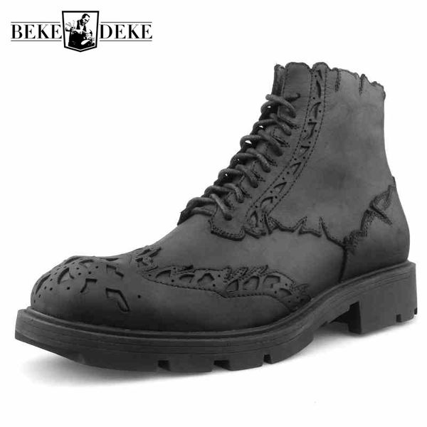 

британский стиль boots men luxury кожа коровы lace-up баллок лодыжка обувь мода 2020 зима панк мотоциклов платформы черный boots, Black