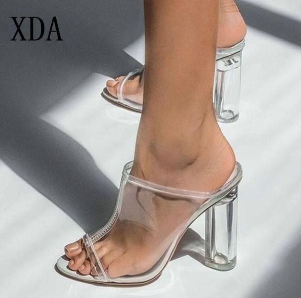 

xda women slipper pu fashion square heel transparent slipper women clear high heels summer sandals pumps shoes size 35-40, Black