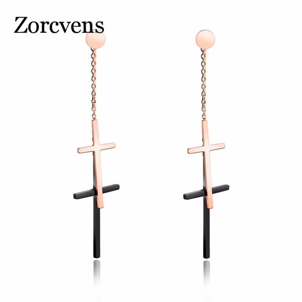 

zorcvens girls black rose gold color cross dangle drop earrings for women, Silver