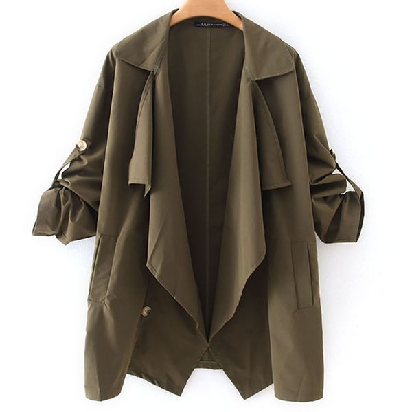 

vintage stylish open stitch solid trench coat women 2020 fashion lapel long sleeve outerwear casual loose ropa mujer, Black