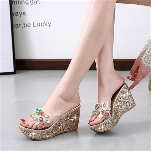 

summer new sequined slippers fashion transparent thick platform slope with waterproof wedges female slides ladies crystal shoes, Black