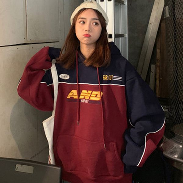 

highnecked letter head lazy wind retro plus velvet thickening wild clothes female long-sleeved shirt winter blouse loose hooded, Black