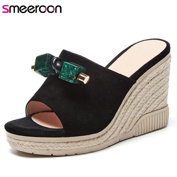 

smeeroon 2020 suede leather women slipper slip on wedges platform shoes summer fashion party shoes ladies slipper, Black