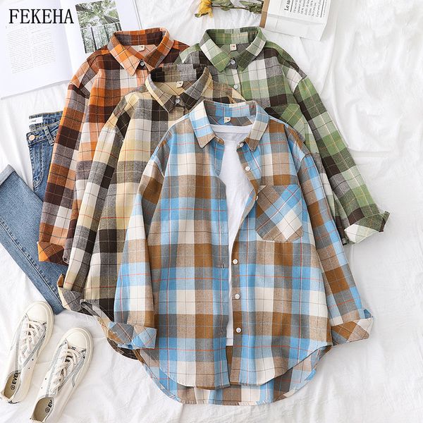 

autumn plaid shirts womens blouses loose long sleeve lady checked female clothes outwear with pocket, White