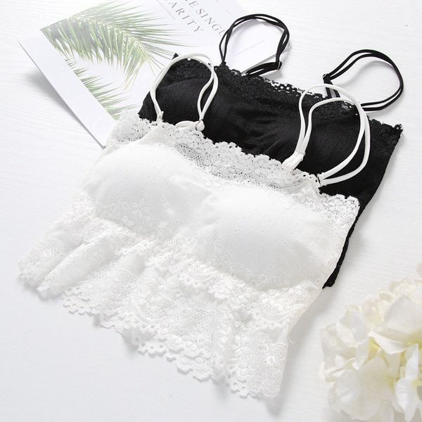 

fashion lady lace underwear adjustable detachable chest pad camisole black white women summer crop top