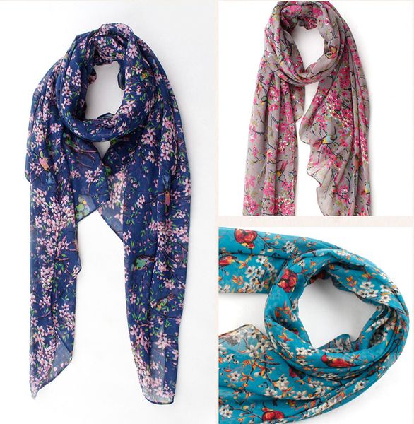 

2020 branch bird encrypted voile ladies printed silk scarf summer sunscreen dual-use scarf shawl beach towel multicolor wholesale, Blue;gray