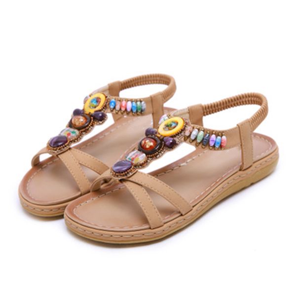 

woman bohemia female elastic sandals ethinc string beads women's band ladies casual flats women footwear plus size 42, Black