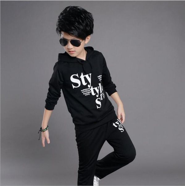 

the boys clothes winter and autumn black long sleeve t-shirt + casual pants 2pcs suit kids kg-11, White