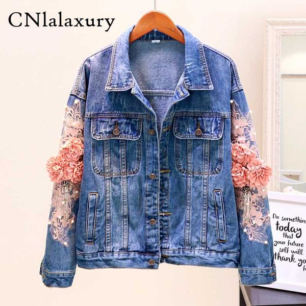 

2020 autumn women embroidery flowers bead short denim coat woman long sleeve bomber jeans jackets feminina denim jacket jaqueta, Black;brown