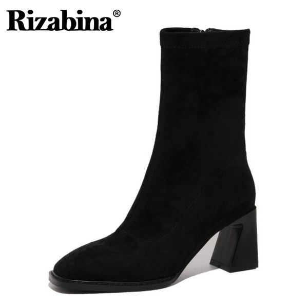 

rizabina women winter warm shoes fashion half short boots women high heel shoes zipper footwear size 33-40, Black