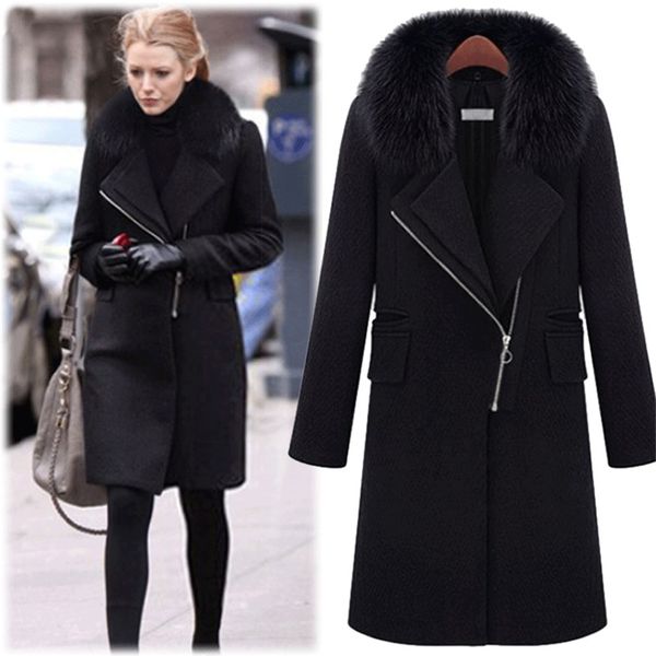 

women's wool & blends fashion detachable collar plush coat long slim woolen, Black