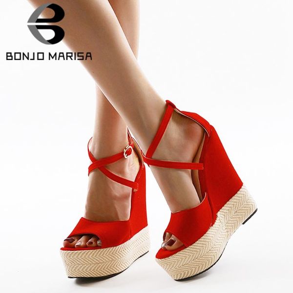 

bonjomarisa girl summer open toe platform cross tied wedges sandals women 2020 straw heel designer shoes woman, Black