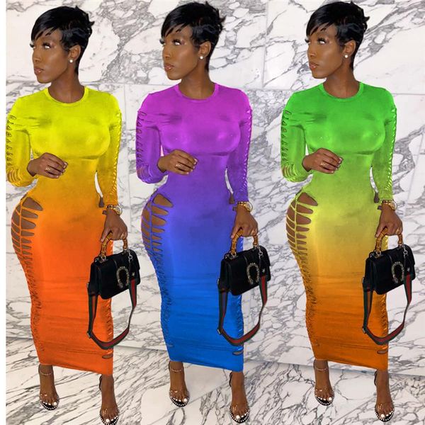 

casual dresses gradient long sleeve bodycon dresses fashion clothing column slim for female womens designer hole, Black;gray
