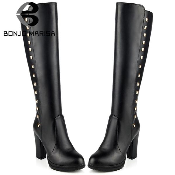 

bonjomarisa дамы сжатый элегантный офис длинные сапоги на молнии платформа колено высокие сапоги женские 2020 высокие каблуки обувь женщина, Black