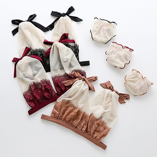 

ultra-thin lace embroidery bra set summer transparent mesh women underwear lovely bow adjusted-straps french brassiere, Red;black