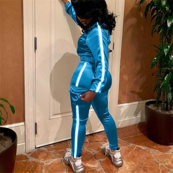 

women's tracksuits 2021 women side reflective strip long sleeve jacket + sweatpants suits autumn 2pcs set sport wear tracksuit outfit, Gray