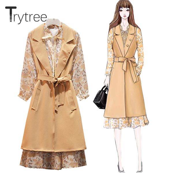 

trytree 2020 spring autumn tow piece set casual bow print a-line dress + vest turn-down collar pockets office lady 2 piece set, Gray