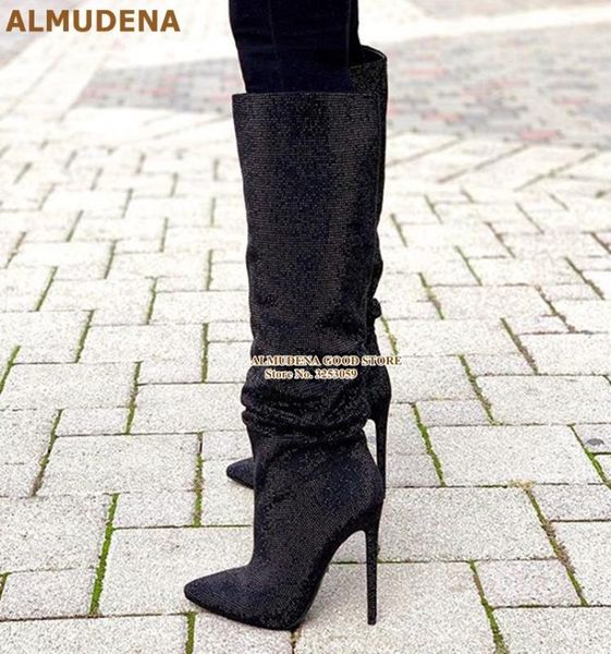 

almudena black bling bling crystal knee boots pointy toe thin high heels dress boots sparkly party shoes rhinestone long
