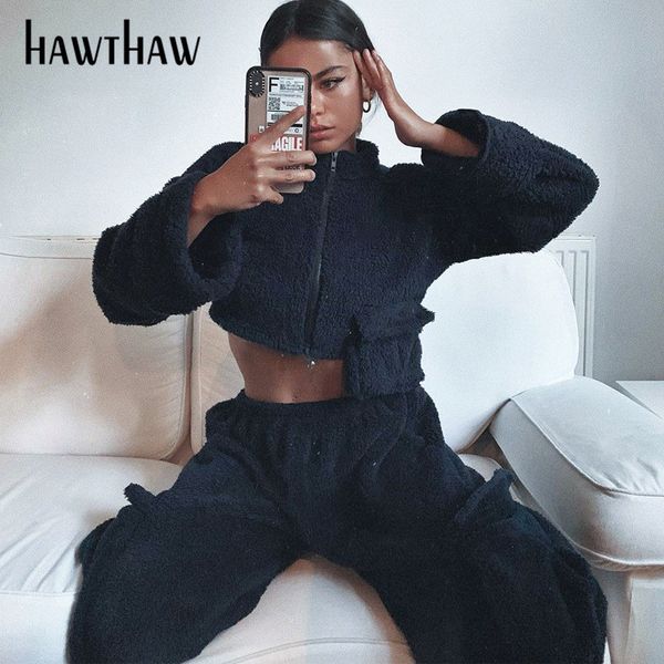 

hawthaw women casual spring autumn long sleeve zipper coats crop long pants soild color two piece sets clothes outfit 2pc, Gray