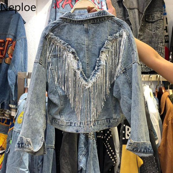 

neploe 2020 new autumn fringed sequins retro-washed denim jacket women short jeans jacket coat girls students cowboy coats 54830, Black;brown