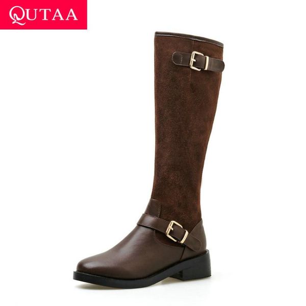 

qutaa 2020 zipper patchwork cow leather cow suede knee high boots square heel round toe buckle leisure women shoes size 34-39, Black