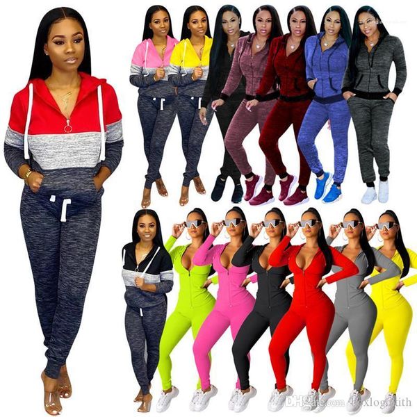 

женская мода костюмы женщин дизайнерские костюмы спортивные 2 шт брюки сплошной цвет осени вскользь tops тонкий с длинным рукавом, Gray