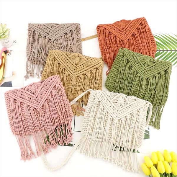 

fashion casual straw bag hollow tassel beach bag flip hand woven bag cotton rope shoulder crossbody