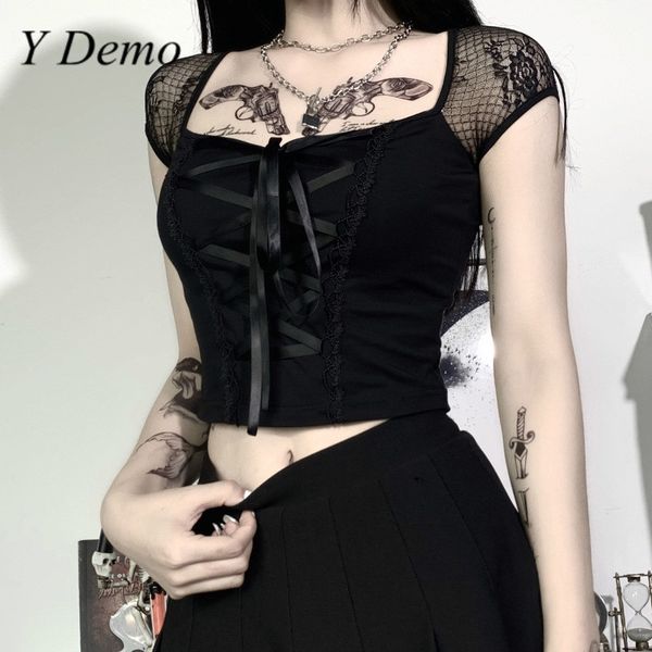 

y demo gothic dark short sleeve summer t-shirt women square collar lace mesh slim crop, White