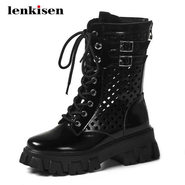 

boots lenkisen motorcycle genuine leather hollow breathable buckle round toe thick high heel zip autumn mid-calf l36, Black