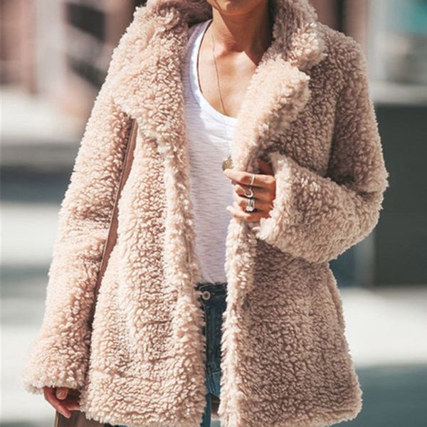 

women coat autumn winter fashion pocket turn-down collar coat plush jacket new, Black