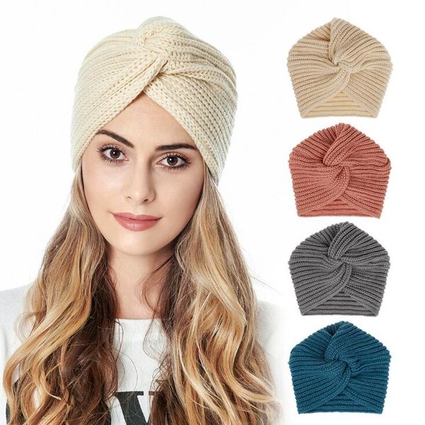 

cross knit beanie hat 2020 female european and american woolen indian hat solid color muslim toe cap gd572, Blue;gray