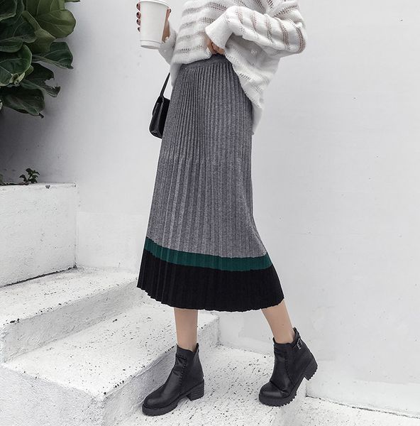 

c new style yarn knitted skirt women's mid-length high-waisted retro skirt, Black